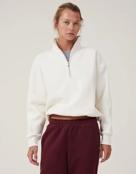Oversize Yarım Farmuarlı Yakalı Basic SweatShirt - Beyaz ürün görseli 1