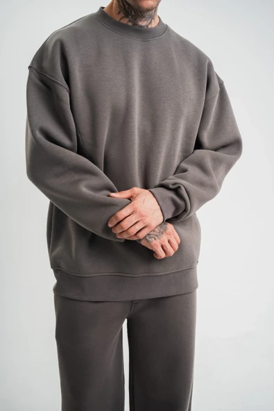 Uzun Kol Bisiklet Yaka Basic SweatShirt - Füme - Resim 7