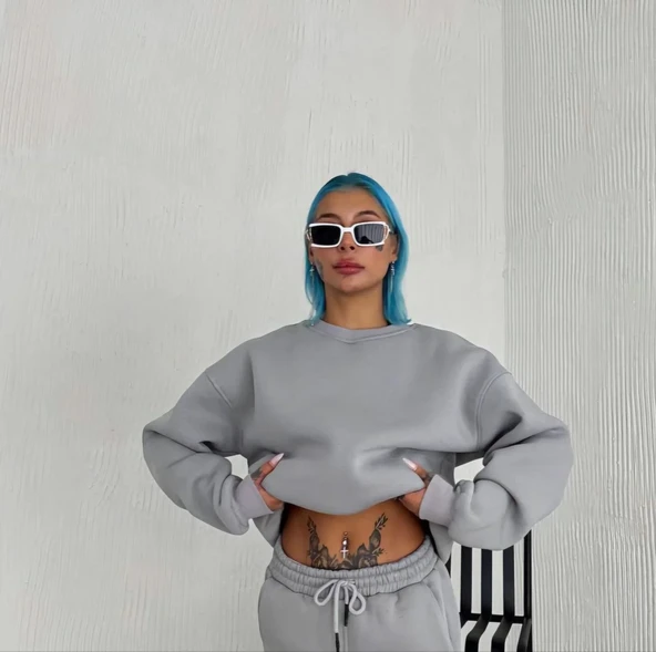 Kışlık Bisiklet Yaka Üç İplik Basic SweatShirt - Gri 8381583 ürün görseli 1