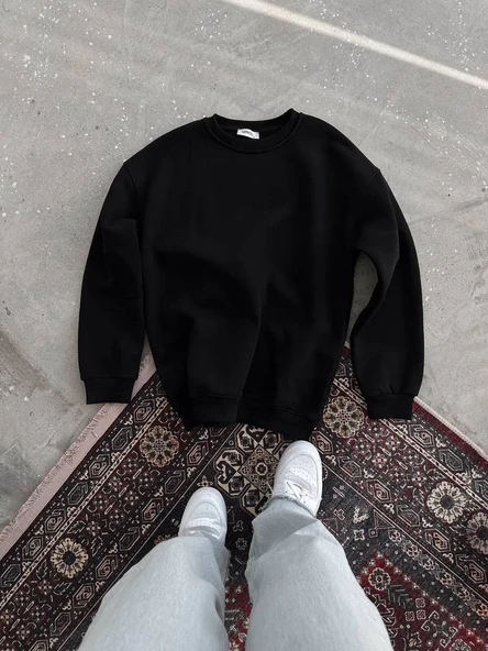 Kışlık Bisiklet Yaka Üç İplik Basic SweatShirt - Siyah 8381584 - Resim 5