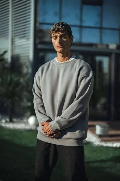 Kışlık Bisiklet Yaka Üç İplik Basic SweatShirt - Boyalı Gri - Resim 3