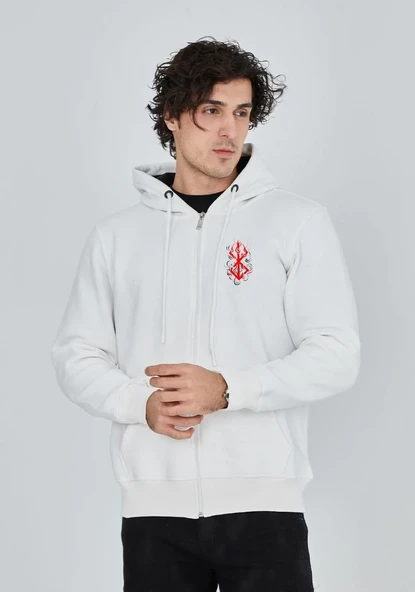 ERKEK Baskılı Tam Fermuarlı Kapşonlu SweatShirt - Beyaz ürün görseli 1