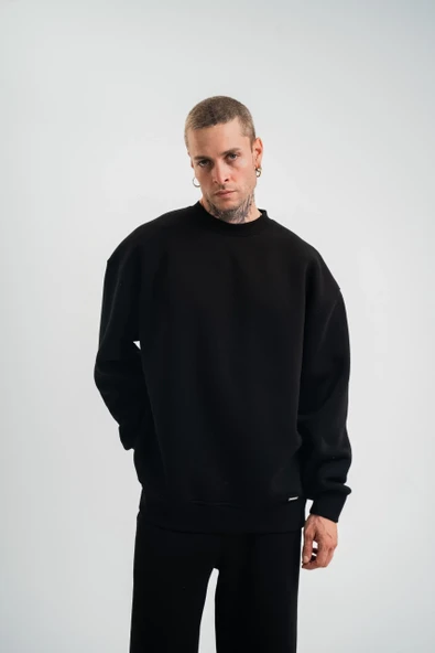 ErkeknUzun Kol Bisiklet Yaka Basic SweatShirt - Siyah - Resim 2