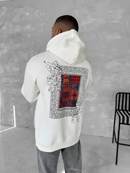Uzun Kol Kapüşonlu Ön Ve Arka Baskılı SweatShirt - Beyaz 8381606 ürün görseli 1