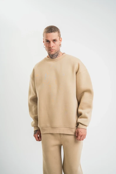 Uzun Kol Bisiklet Yaka Basic SweatShirt - Bej ürün görseli 1