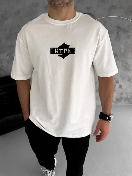 ERKEK Bisiklet Yaka Baskılı Double Oversize T-Shirt - Beyaz ürün görseli 1