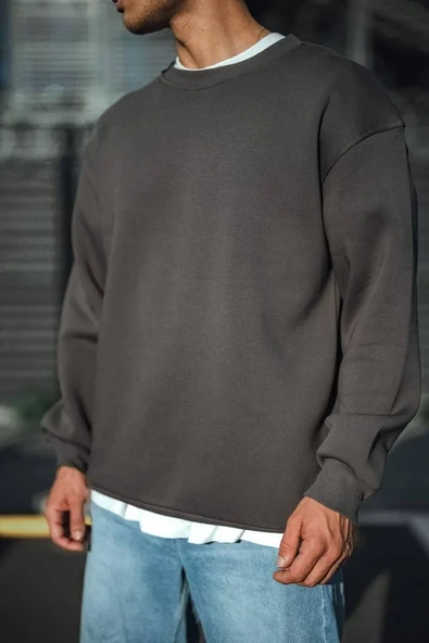 Kışlık Bisiklet Yaka Üç İplik Basic SweatShirt - Antrasit ürün görseli 1