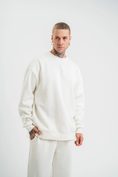 Uzun Kol Bisiklet Yaka Basic SweatShirt - Beyaz - Resim 6