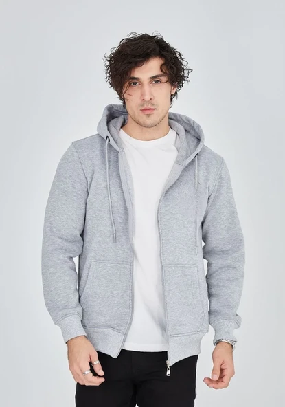 ERKEK Tam Fermuarlı Kapşonlu  SweatShirt - Gri ürün görseli 1