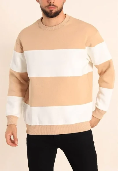 Parçalı Bisiklet Yaka Baskılı SweatShirt - Bej ürün görseli 1