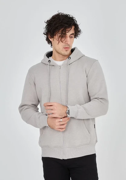 ERKEK Tam Fermuarlı Kapşonlu  SweatShirt - Boyalı Gri ürün görseli 1