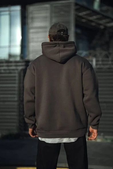 Üç İplik Penye Kapşonlu Basic SweatShirt - Füme - Resim 2