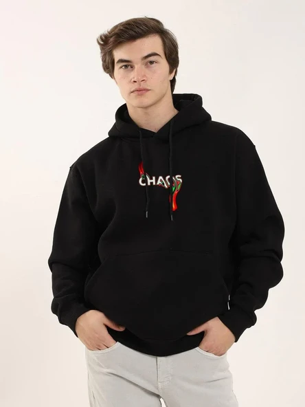 ERKEK Baskılı Oversize Üç İplik Kapüşonlu Sweatshirt - Siyah 8381429 ürün görseli 1