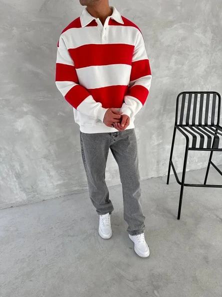 Erkek Üç İplik Parçalı Yakalı SweatShirt - Kırmızı ürün görseli 1