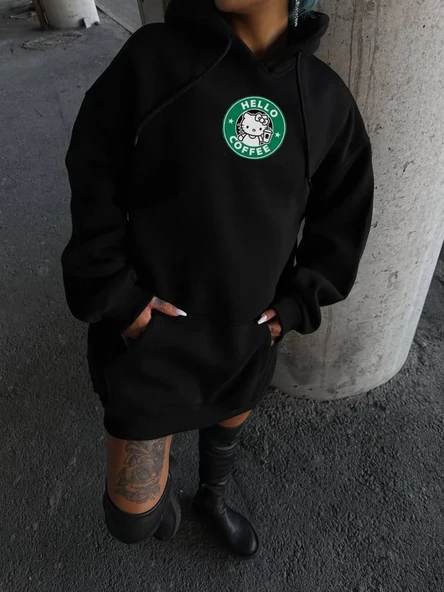 Üç İplik Penye Uzun Kol Kapüşonlu SweatShirt - Siyah ürün görseli 1