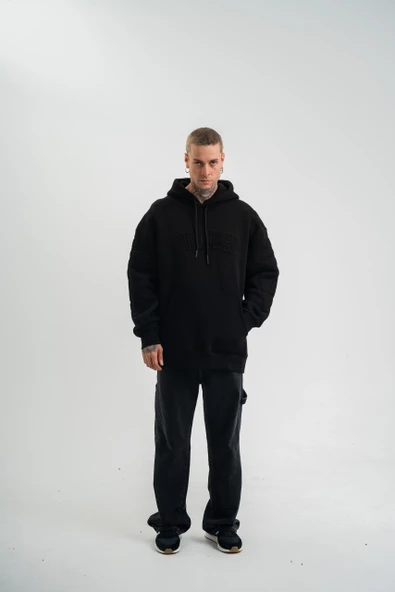Double Oversize Kapşonlu Nakışlı SweatShirt - Siyah - Resim 5