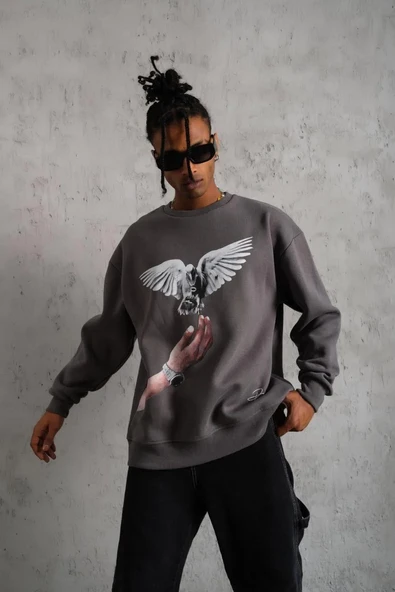 Erkek Güvercin Baskılı Sweatshirt - Gri - Resim 3