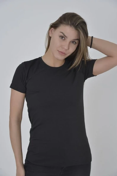 Kadın Omuz Fileli Slim Fit T-shirt - Siyah ürün görseli 1