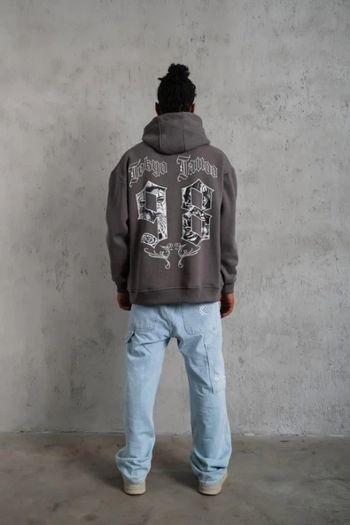 Erkek 98 Baskılı Kapşonlu Sweat - Gri - Resim 4