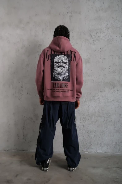 Erkek Paradise Baskılı Kapüşonlu Sweat - Gül Kurusu - Resim 5