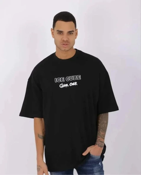 ERKEK Bisiklet Yaka Baskılı Oversize T-Shirt - Siyah 8381220 ürün görseli 1