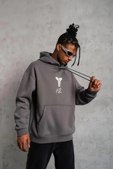 Erkek Baskılı Kapüşonlu Sweat - Gri ürün görseli 1