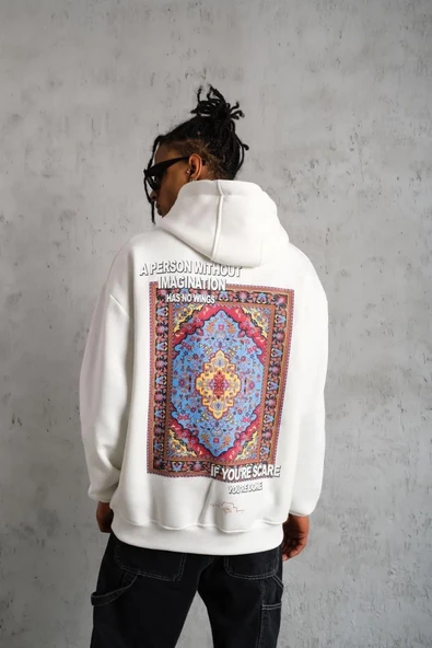 Erkek Kilim Desen Kapüşonlu Sweat - Beyaz ürün görseli 1
