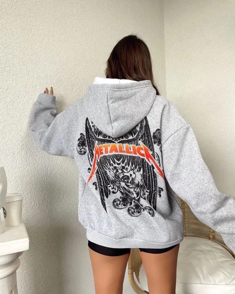Kadın Baskılı Kapüşonlu Sweat - Gri ürün görseli 1