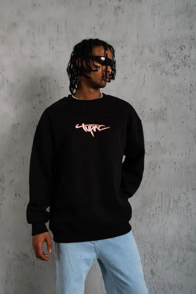 Erkek 3 İplik Gangster Baskılı Sweatshirt - Siyah ürün görseli 1
