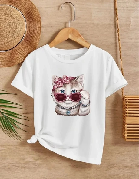 Kız Çocuk Bisiklet Yaka Baskılı T-Shirt - Beyaz 8380704 ürün görseli 1