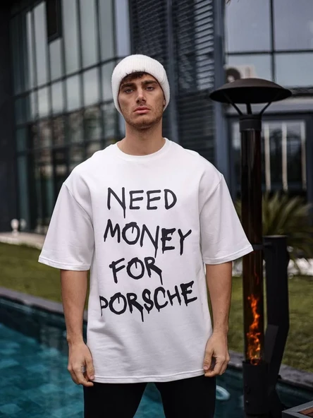 ERKEK Bisiklet Yaka Baskılı Oversize T-Shirt - Beyaz 8380792 ürün görseli 1