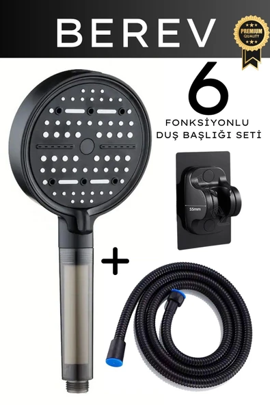 6 Fonksiyonlu Filtreli Duş Başlığı 150 Cm Siyah Duş Hortumu Yapışkanlı Askı Su Tasarruflu Basınçlı Kireç Klor Önleyici ürün görseli 1