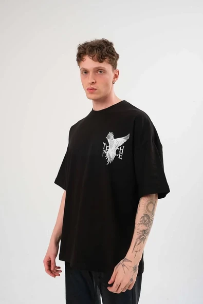 Erkek Bisiklet Yaka Baskılı Oversize T-Shirt - Siyah 8381205 ürün görseli 1