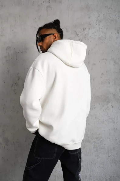 Erkek Düz Kapüşonlu Sweat - Beyaz - Resim 5