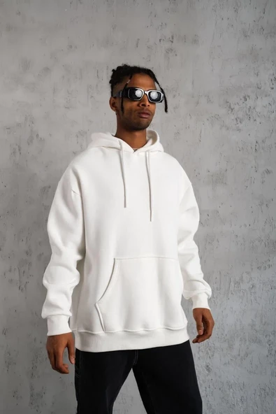 Erkek Düz Kapüşonlu Sweat - Beyaz - Resim 3