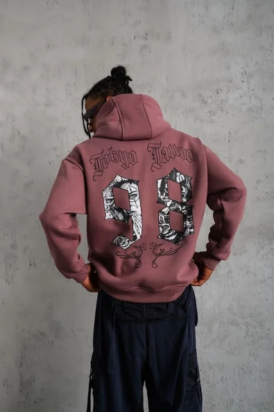Erkek 98 Baskılı Kapşonlu Sweat - Gül Kurusu - Resim 4