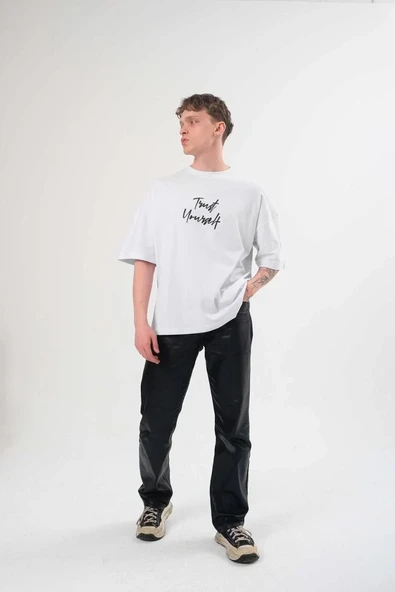 Erkek Bisiklet Yaka Baskılı Oversize T-Shirt - Beyaz 8381210 ürün görseli 1