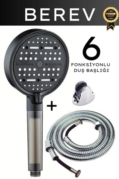 6 Fonksiyonlu Filtreli Duş Başlığı Seti Siyah Su Tasarruflu Basınçlı Kireç Klor Önleyici Örgülü Duş Hortumu Mafsal ürün görseli 1