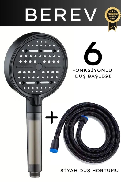 6 Fonksiyonlu Filtreli Duş Başlığı 150 Cm Siyah Duş Hortumu Su Tasarruflu Basınçlı Kireç Klor Önleyici ürün görseli 1