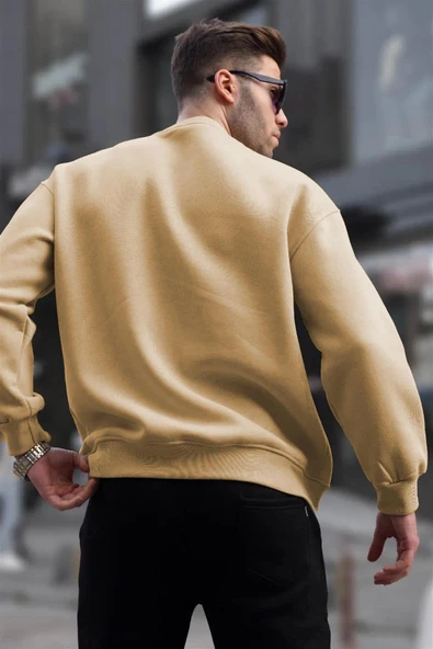 Erkek Düz Bisiklet Yaka Sweat - Bej - Resim 2
