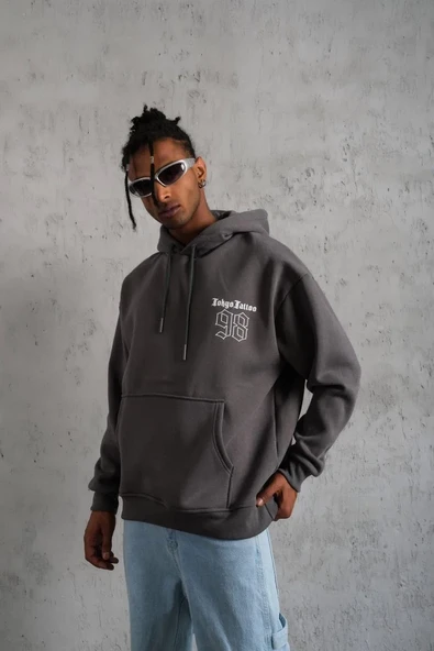 Erkek 98 Baskılı Kapşonlu Sweat - Gri - Resim 2