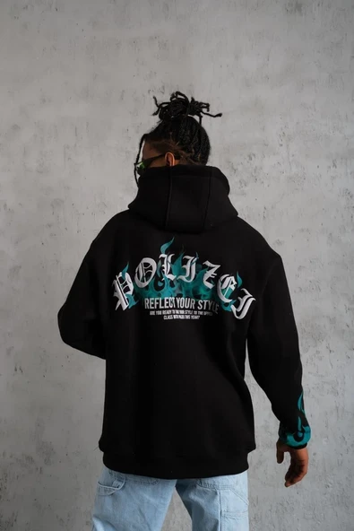 Erkek Üç İplik İçi Pamuklu Alev Baskılı Kapüşonlu Sweatshirt - Siyah ürün görseli 1