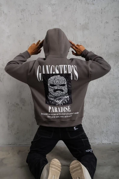 Erkek Paradise Baskılı Kapüşonlu Sweat - Gri ürün görseli 1