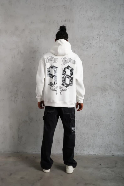 Erkek 98 Baskılı Kapşonlu Sweat - Beyaz - Resim 4