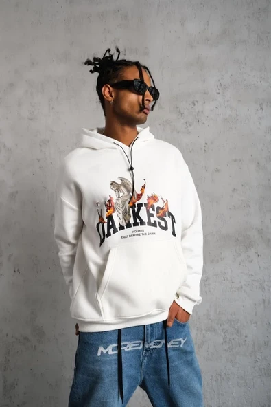 Erkek DANKES Baskılı Kapüşonlu Sweat - Beyaz - Resim 4
