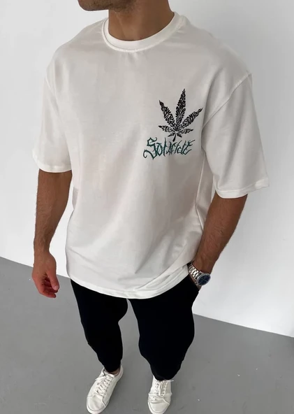 Erkek  Bisiklet Yaka Baskılı Oversize T-Shirt - Beyaz 8381152 ürün görseli 1