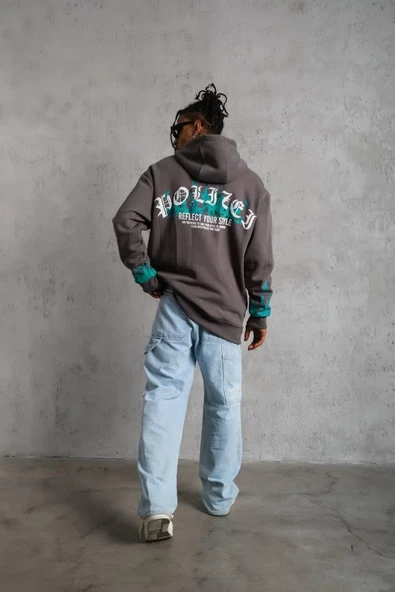 Erkek Üç İplik İçi Pamuklu Alev Baskılı Kapüşonlu Sweatshirt - Gri ürün görseli 1