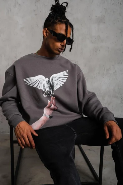 Erkek Güvercin Baskılı Sweatshirt - Gri - Resim 4