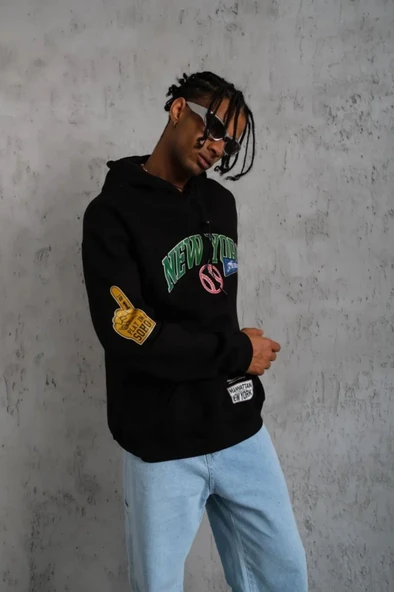 Erkek Baskılı Kapüşonlu Sweatshirt - Siyah - Resim 5