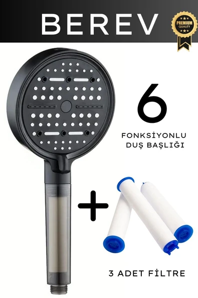 6 Fonksiyonlu Filtreli Duş Başlığı 3 Adet Yedek Filtre Su Tasarruflu Basınçlı Kireç Klor Önleyici ürün görseli 1